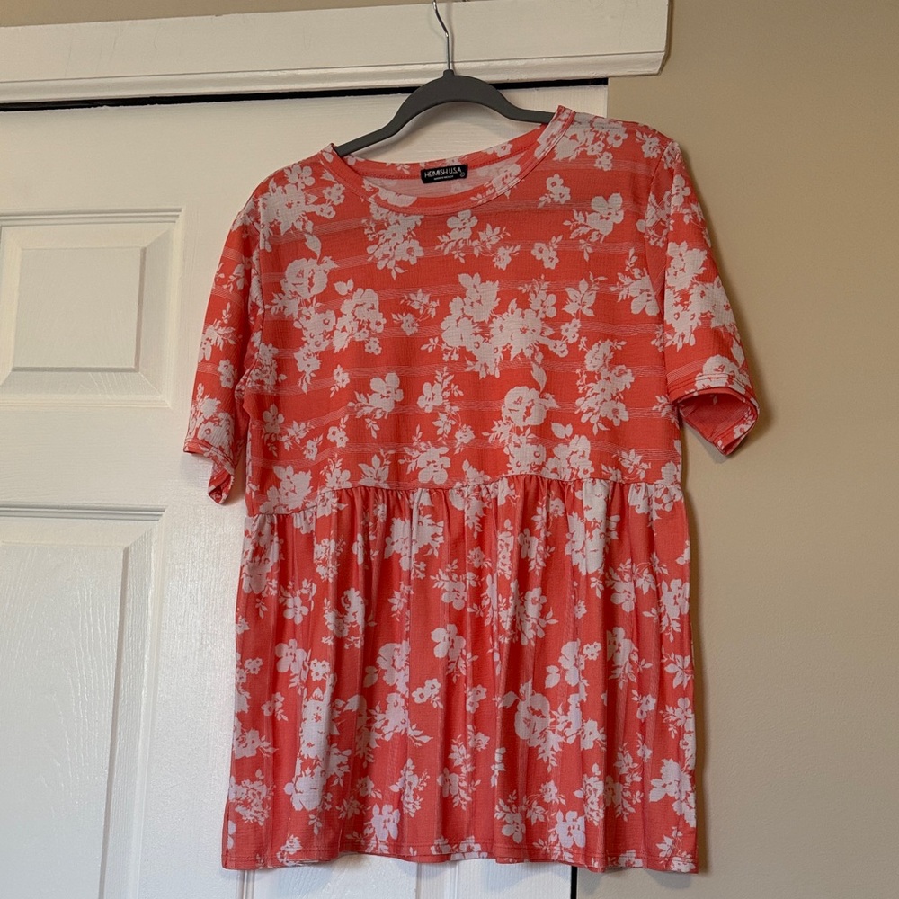 Heimish Coral and White Floral Babydoll Top